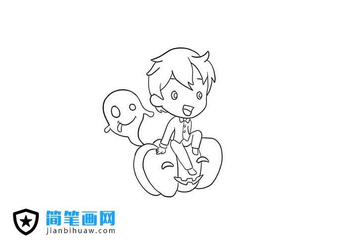 坐在万圣节南瓜上的男孩简笔画图片
