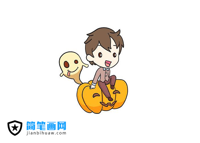 坐在万圣节南瓜上的男孩简笔画图片