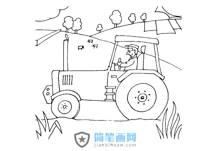 正在田里耕作的拖拉机简笔画图片