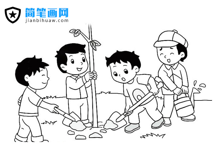 4个男孩在植树的简笔画图片