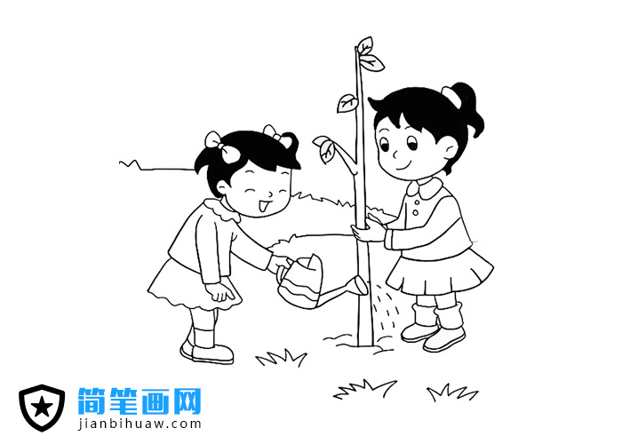 两位小朋友在植树浇水的简笔画图片