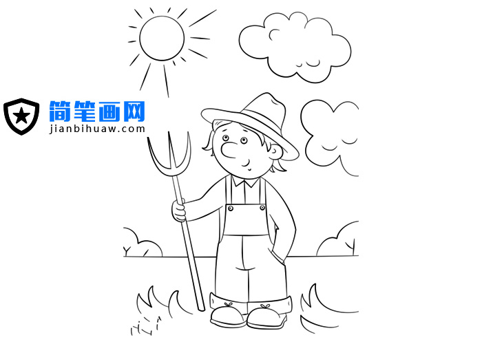 手拿叉子的农民在烈日下的劳作的简笔画图片