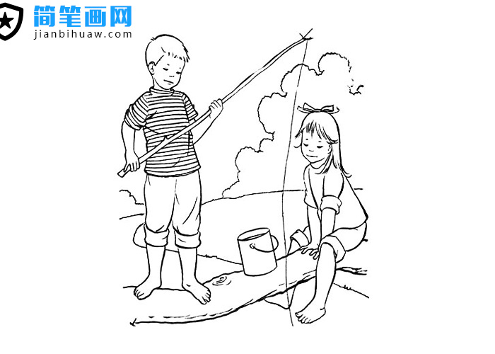 男孩女孩在小河上钓鱼的简笔画图片