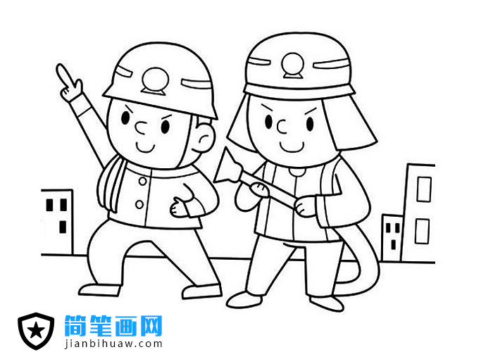 两位在救火的消防员简笔画图片