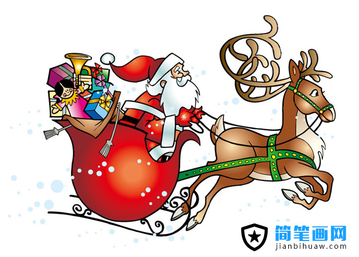 圣诞节圣诞老人驾着驯鹿雪橇车送礼物的简笔画图片