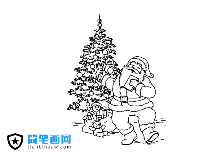 站在圣诞树前派送礼物的圣诞老人简笔画图片