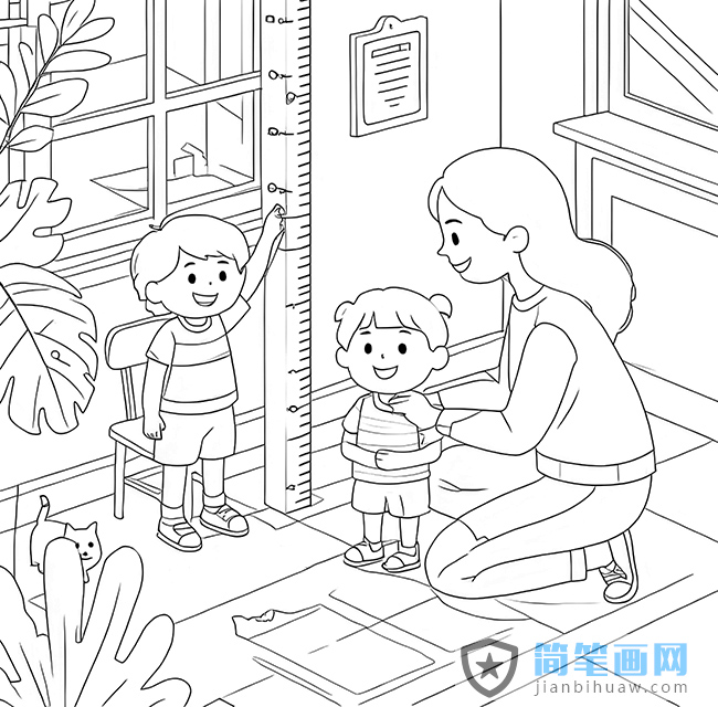 妈妈给两个孩子量身高的简笔画图片